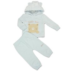 N34608:  Baby Blue Bear Hooded Plush Fleece Top & Jog Pant Set (6-24 Months)